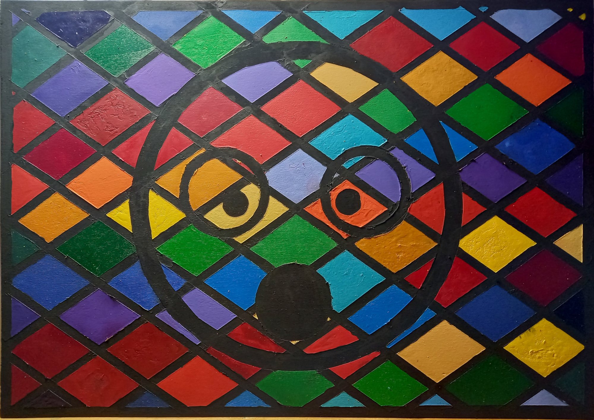 Gemälde eines staunenden Smiley-Gesichts in einem schwarzen Gitter aus bunten Rauten